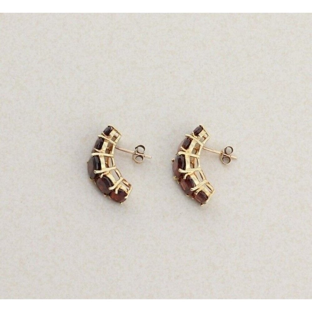 10k Yellow Gold Natural Garnet Earrings Half Hoop Earrings - Picture 7 of 7